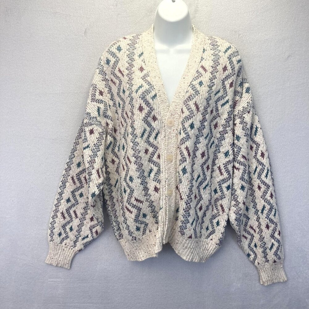 Vintage 90s Croft & Barrow Cardigan Sweater Womens XL Cream Aztec Donegal Flecks